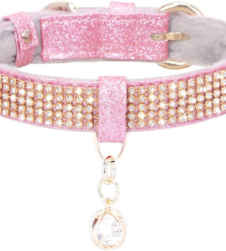 Cat Collar, Dog Collar, [Bling Rhinestones] Premium PU Leather with Pendant Adjustable Collars for Small to Medium Dog Medium Pink