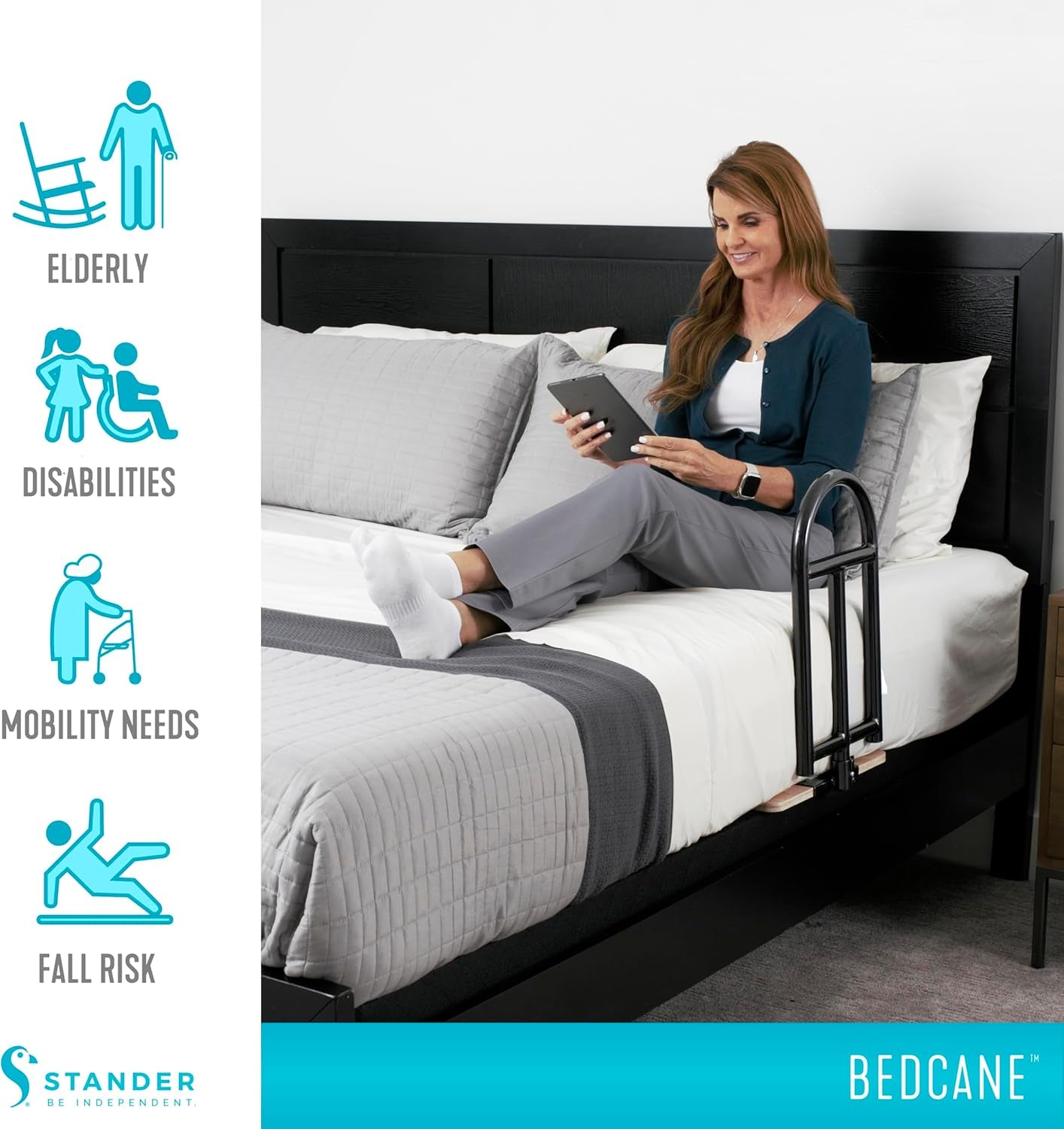 Bedcane, Adult Bed Rail and Support Handle, Bedside Safety Elderly Stand Assist with Organizer Pouch, ASTM Safety Approved Bedrail