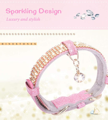 Cat Collar, Dog Collar, [Bling Rhinestones] Premium PU Leather with Pendant Adjustable Collars for Small to Medium Dog Medium Pink
